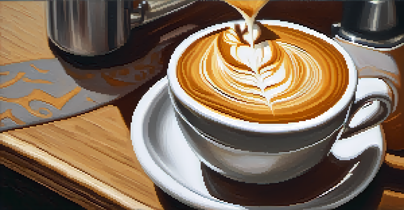 A barista pouring latte art in a cozy cafe with warm lighting.