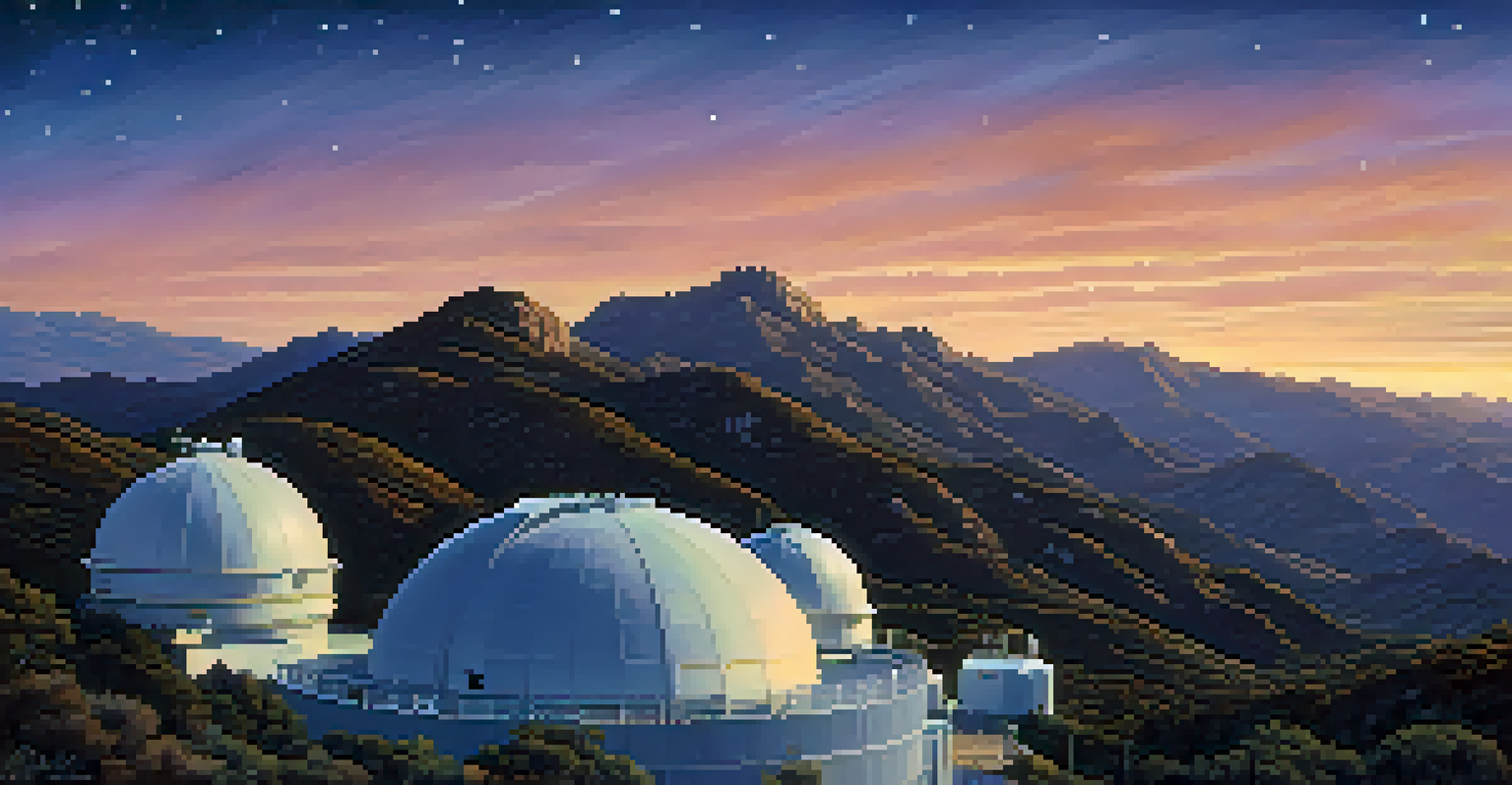 Kitt Peak National Observatory at dusk with telescopes and a starry sky.