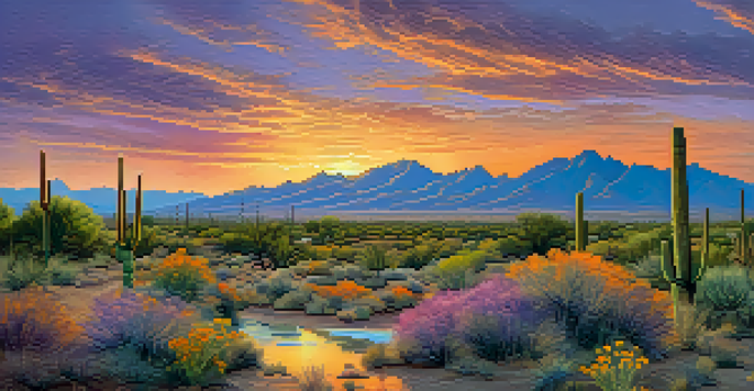 A panoramic view of Tucson's landscape at sunset, with vibrant colors and ancient irrigation canals surrounded by desert plants and mountains in the background.