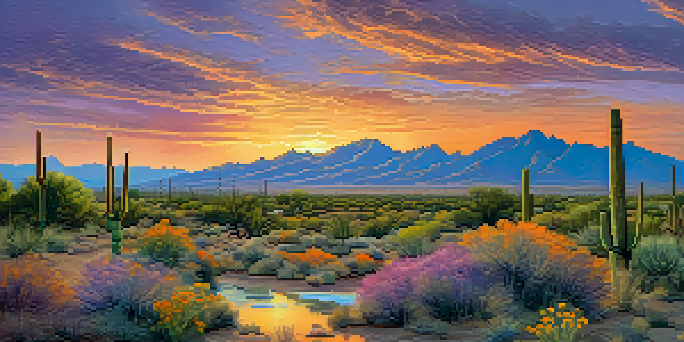 A panoramic view of Tucson's landscape at sunset, with vibrant colors and ancient irrigation canals surrounded by desert plants and mountains in the background.