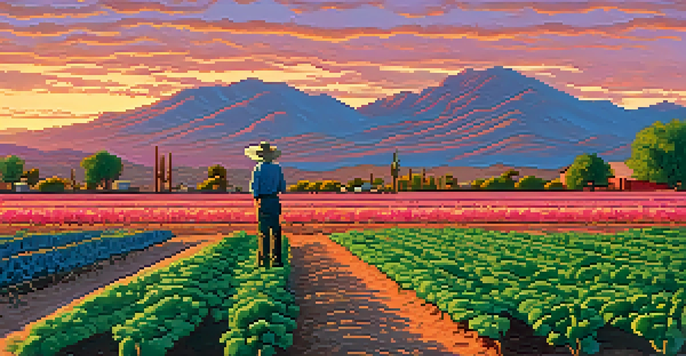 A farmer inspects diverse crops on a Tucson farm at sunset, with a colorful sky and desert mountains in the background.