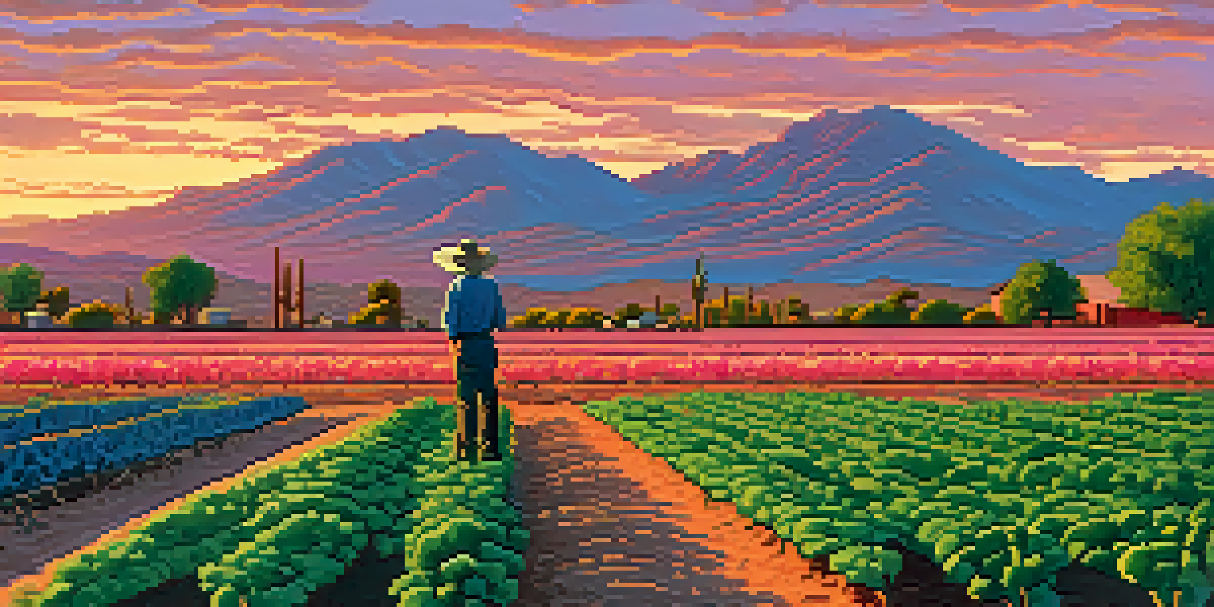 A farmer inspects diverse crops on a Tucson farm at sunset, with a colorful sky and desert mountains in the background.
