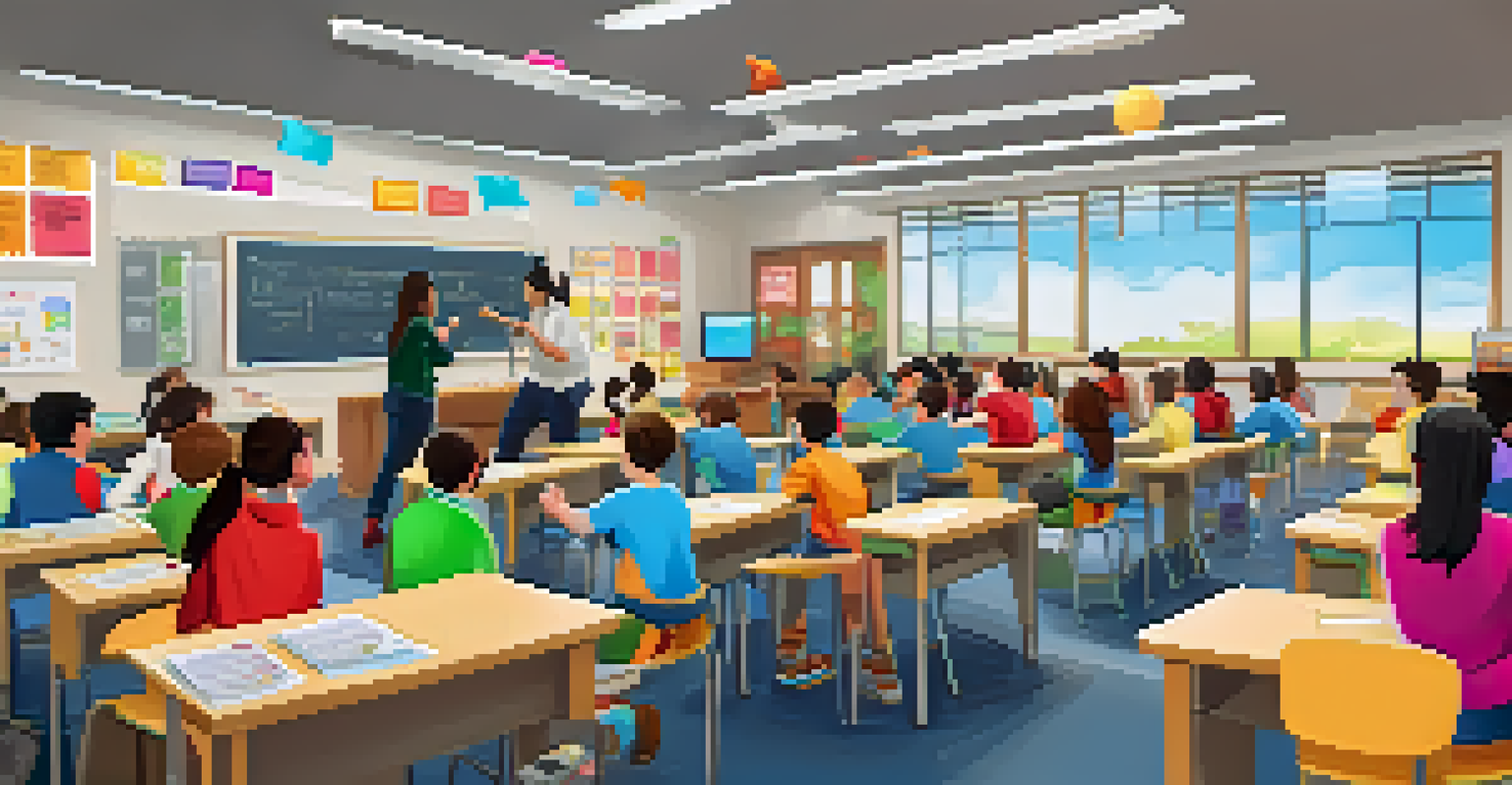 Students participating in a vocabulary game in a lively classroom, with colorful game elements and a competitive atmosphere.