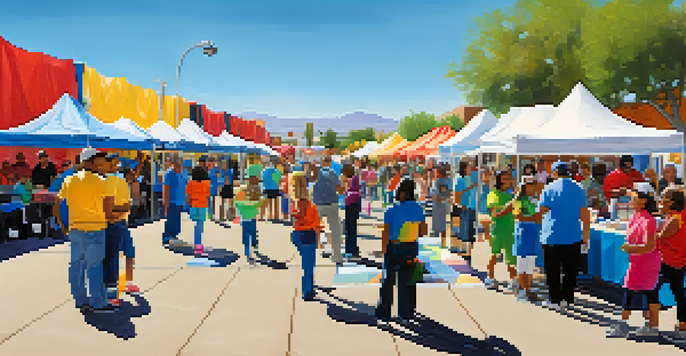 A lively health fair in Tucson with community members participating in health screenings and fitness activities under a clear blue sky.
