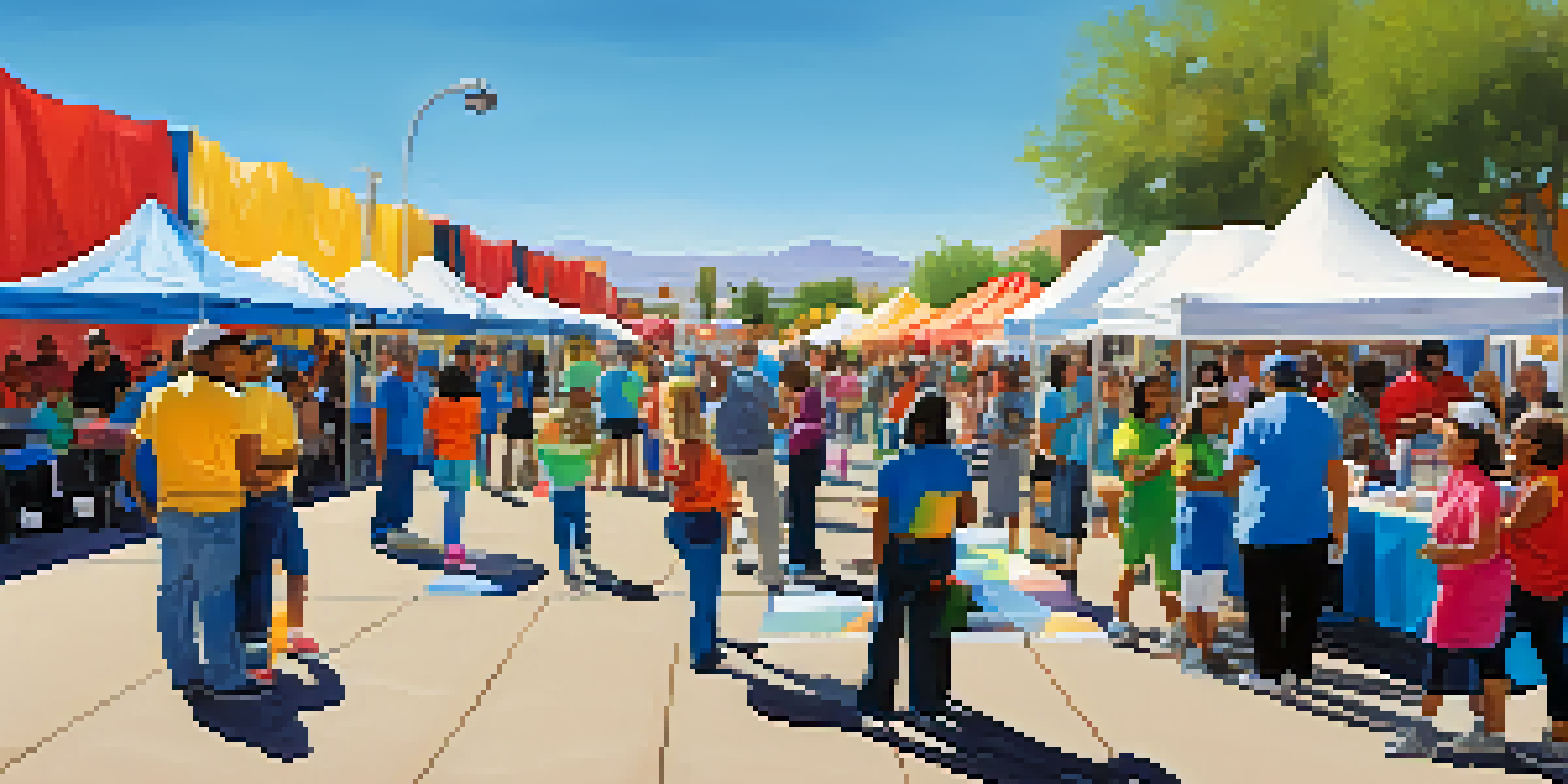 A lively health fair in Tucson with community members participating in health screenings and fitness activities under a clear blue sky.
