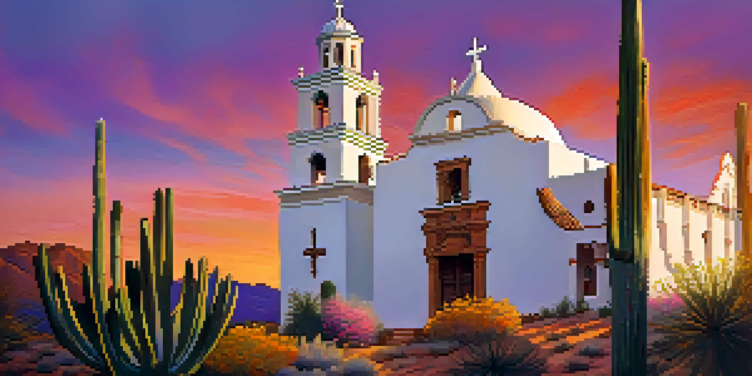 A sunset view of Mission San Xavier del Bac with its white adobe walls glowing in golden light, surrounded by desert plants and a colorful sky.