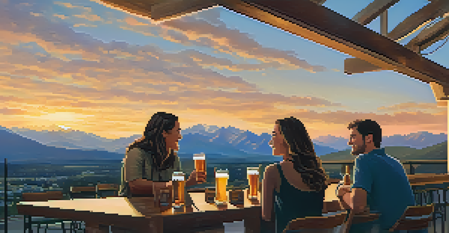 Friends enjoying beers on a rooftop with mountain views during sunset, with local snacks on the table.