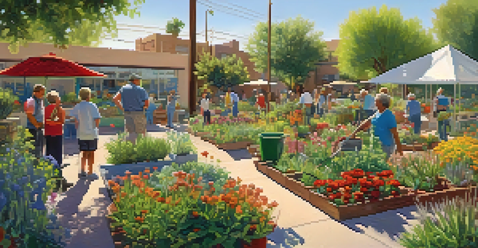 A community garden in Tucson with people gardening among colorful flowers and plants under a bright sun and blue sky.