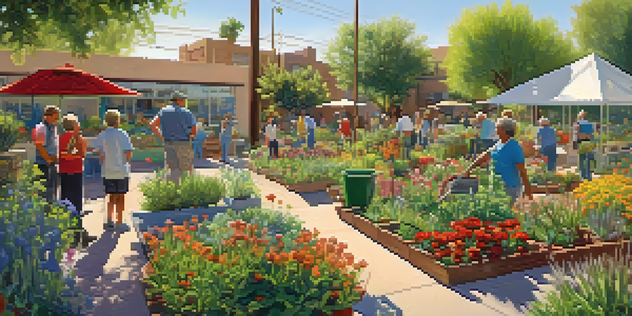 A community garden in Tucson with people gardening among colorful flowers and plants under a bright sun and blue sky.