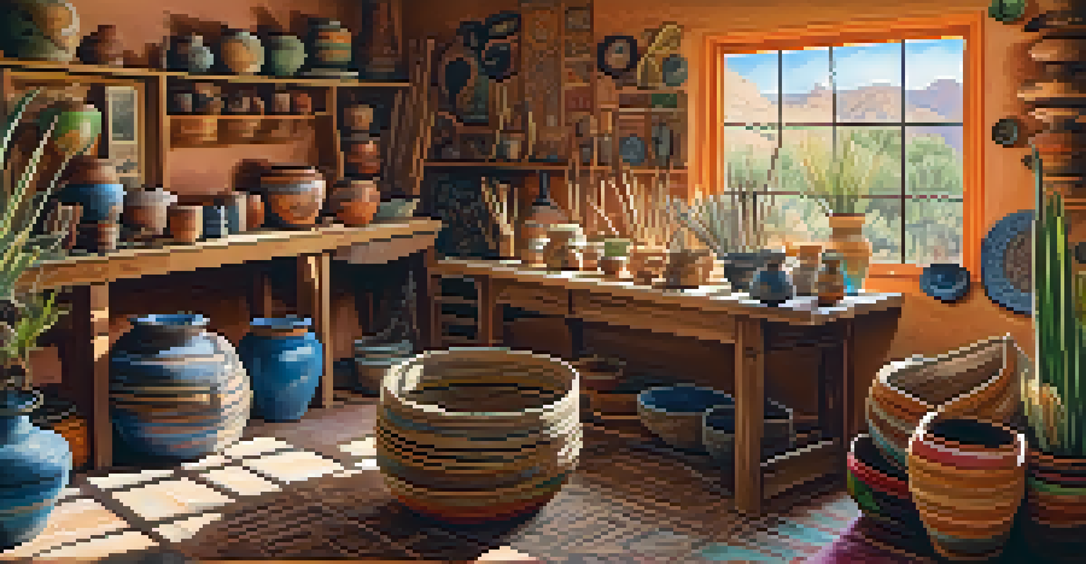 A cozy artist's studio with traditional pottery, woven baskets, and colorful paints, illuminated by natural light.