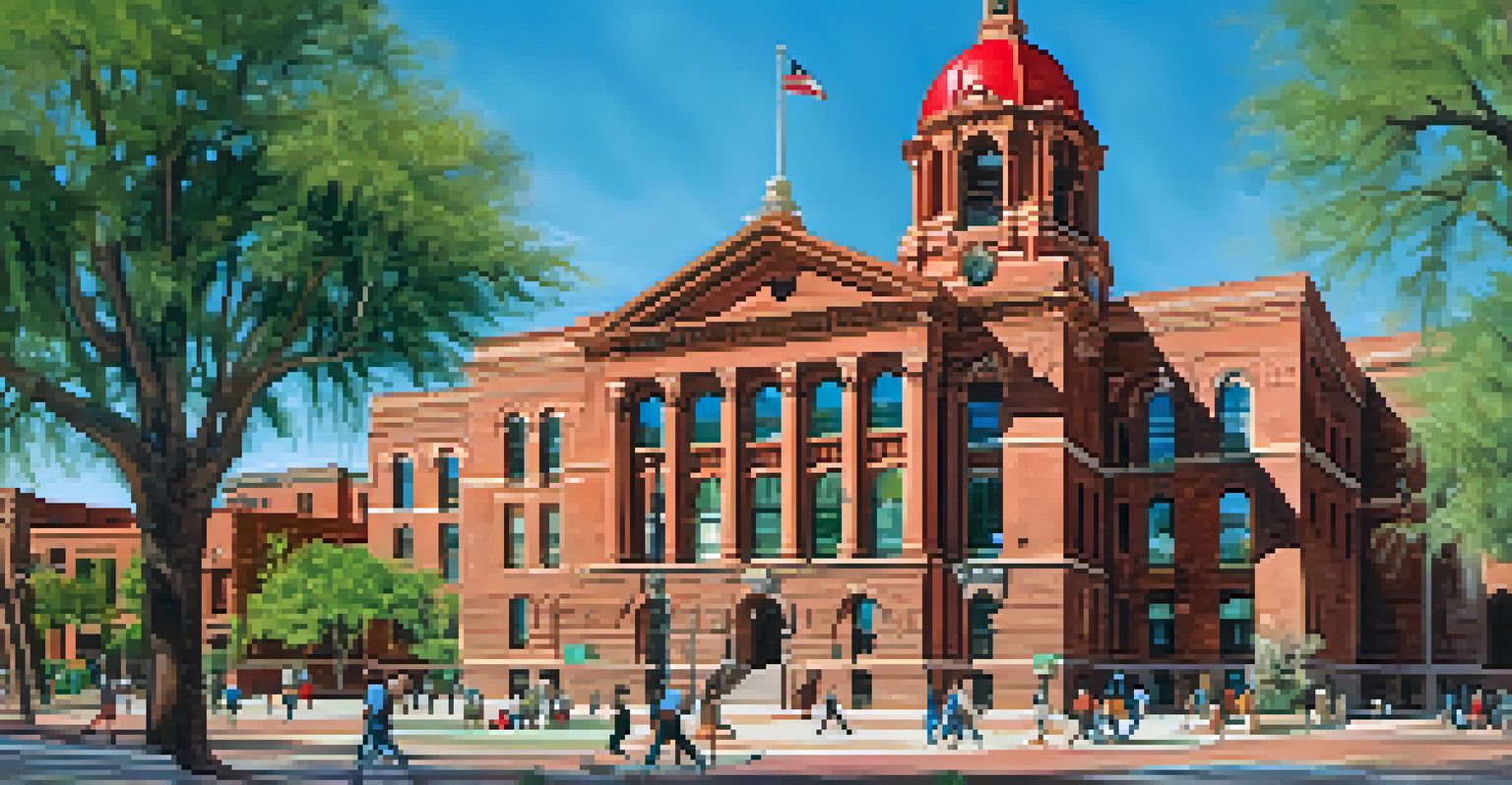 A view of the Pima County Courthouse with its red brick and green dome, surrounded by a bustling plaza filled with people and colorful murals.