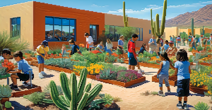 Students participating in an outdoor classroom activity in a community garden, surrounded by cacti and a sunny sky.