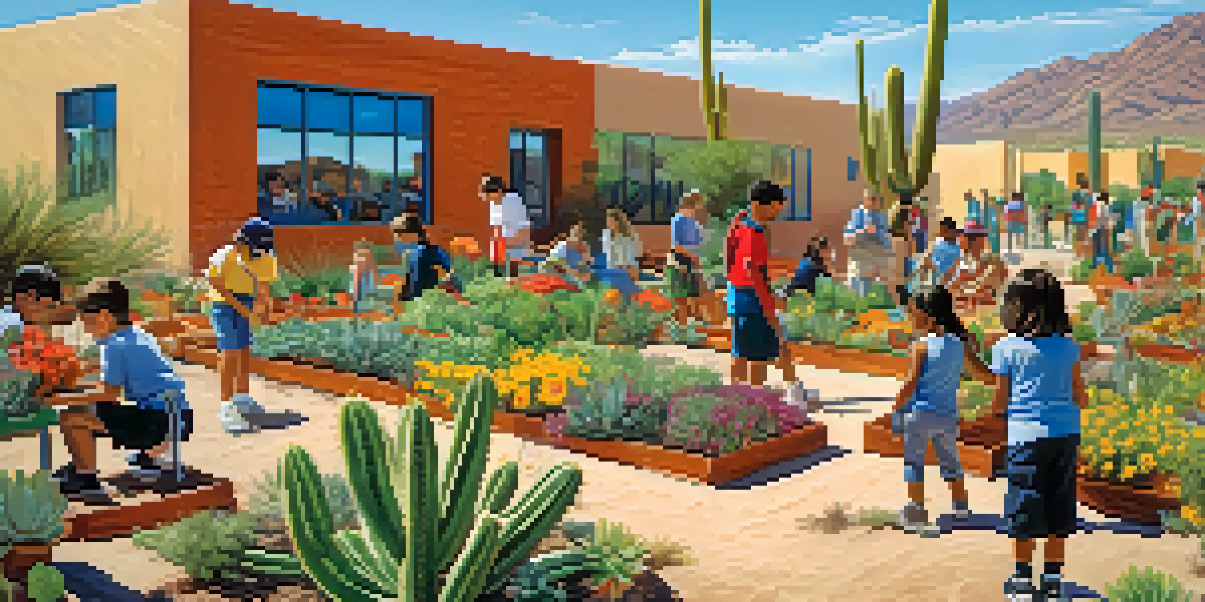 Students participating in an outdoor classroom activity in a community garden, surrounded by cacti and a sunny sky.