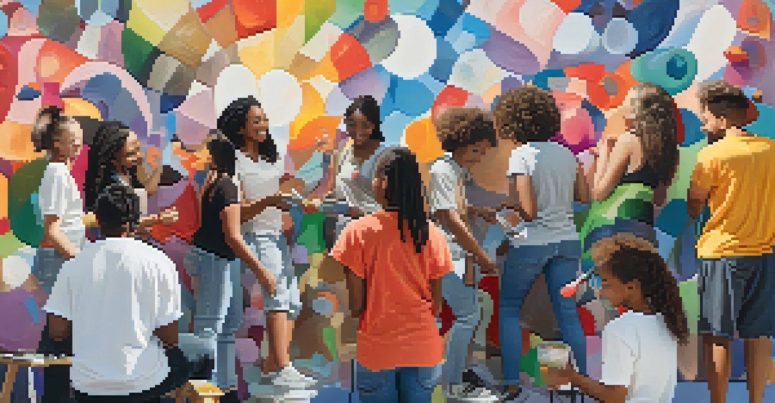 Diverse young artists working together on a mural, surrounded by paint and smiling.