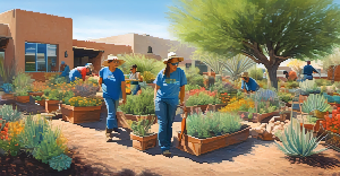 A community garden in Tucson with residents learning about water-efficient plants and gardening techniques, featuring colorful flowers and native shrubs under a clear sky.