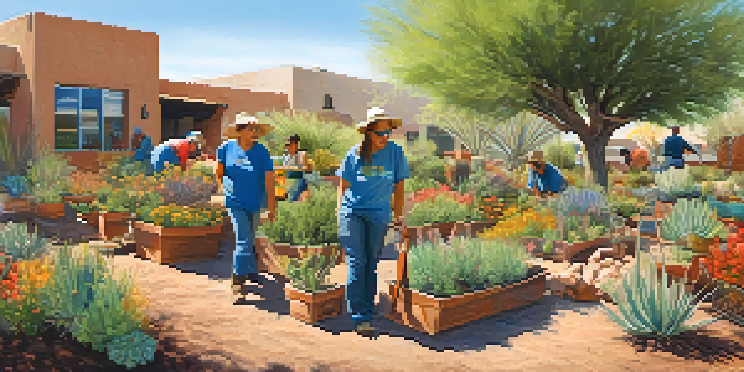 A community garden in Tucson with residents learning about water-efficient plants and gardening techniques, featuring colorful flowers and native shrubs under a clear sky.