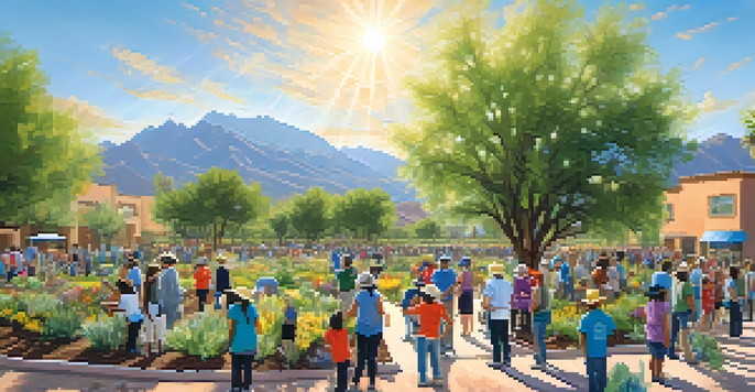 A community tree planting event with diverse volunteers planting trees in a sunny park, surrounded by flowers and greenery.