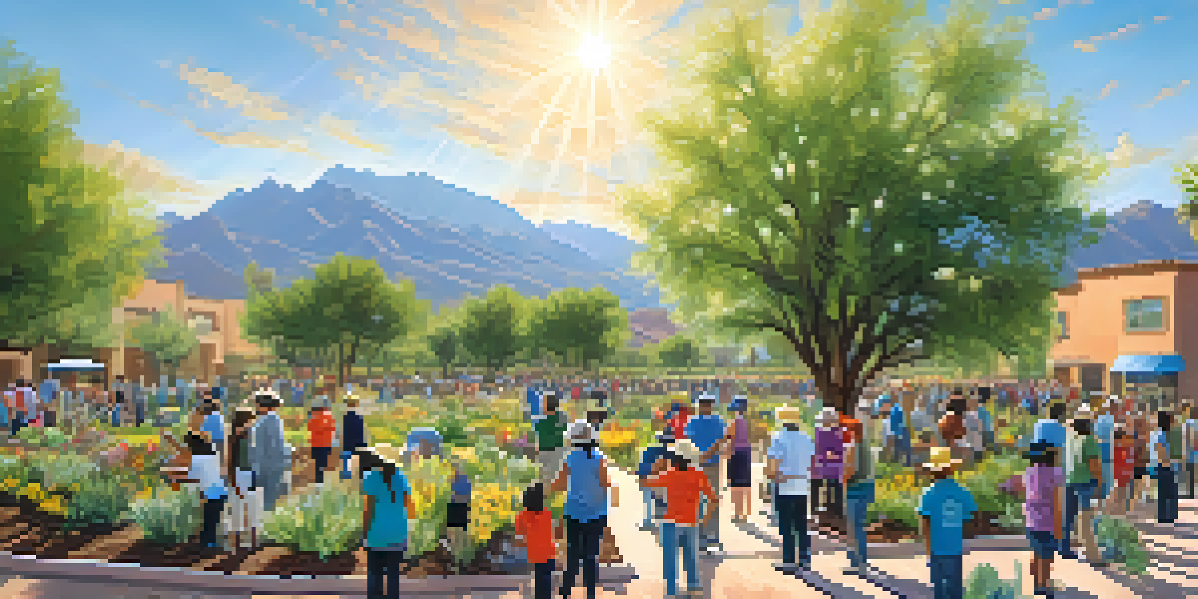 A community tree planting event with diverse volunteers planting trees in a sunny park, surrounded by flowers and greenery.