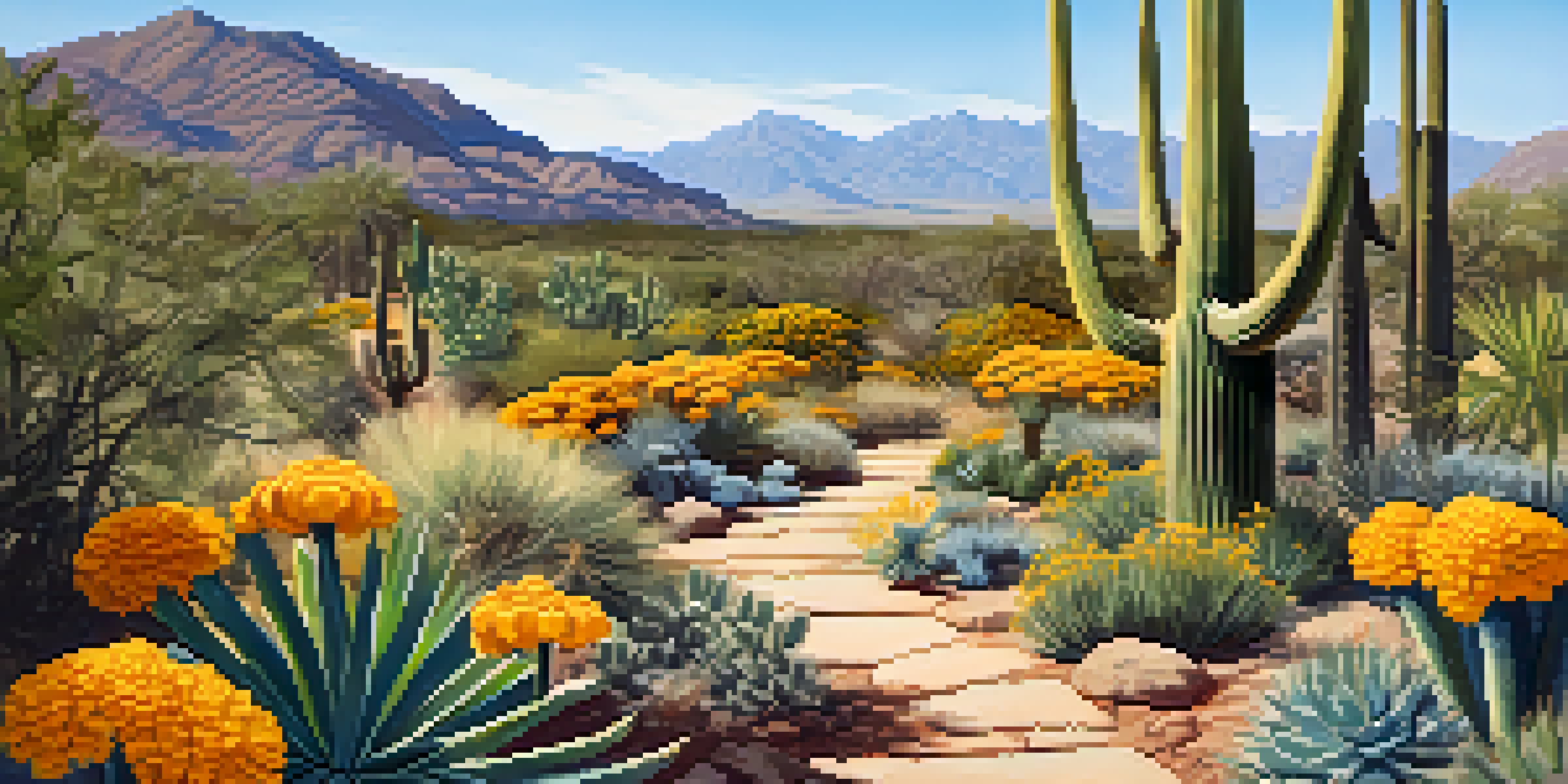 A colorful desert botanical garden in Tucson featuring native plants like saguaro cacti and desert marigolds, under a clear blue sky.