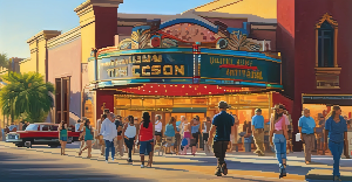 A historic theater in Tucson bathed in golden hour light, surrounded by diverse people and colorful murals.