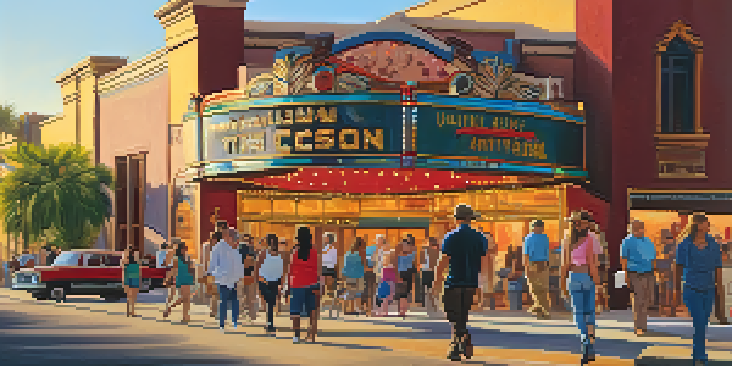 A historic theater in Tucson bathed in golden hour light, surrounded by diverse people and colorful murals.