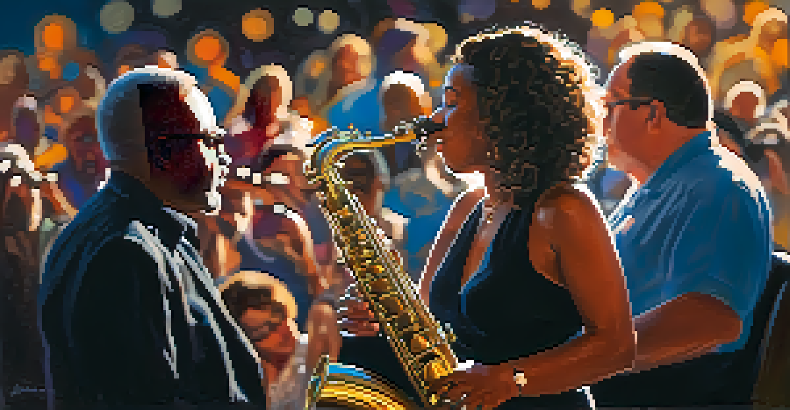 A passionate saxophonist performing at a Tucson jazz festival, with an engaged audience in warm lighting.