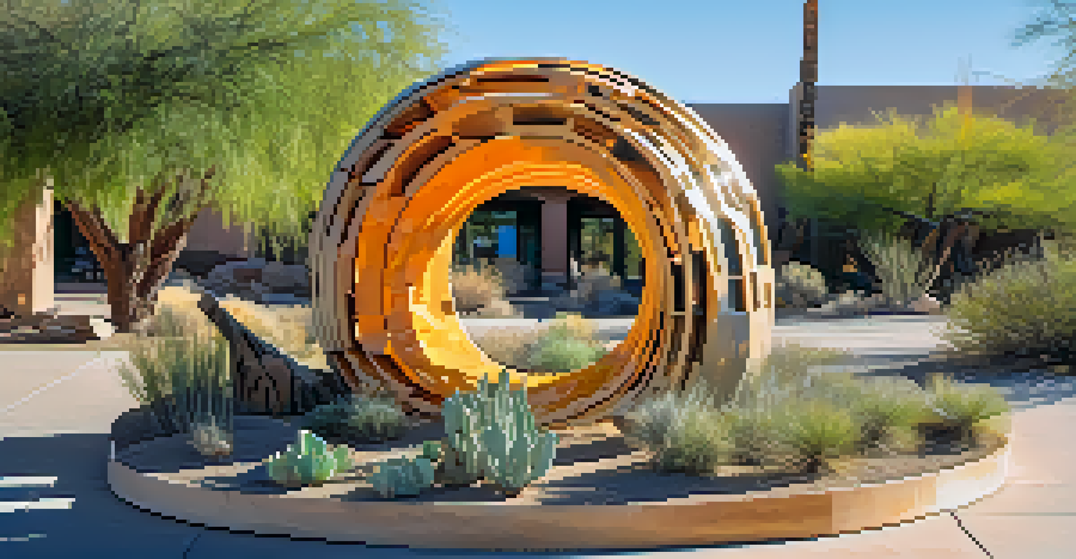 An interactive sculpture made from recycled materials in a Tucson park, surrounded by desert plants.