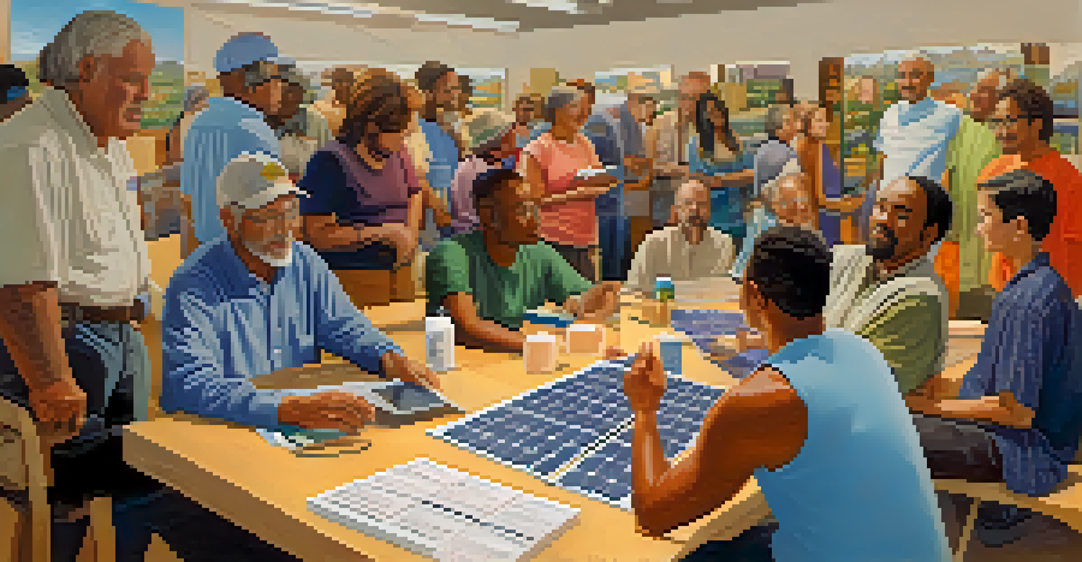 Community members at a workshop discussing solar energy with materials and models on the table.
