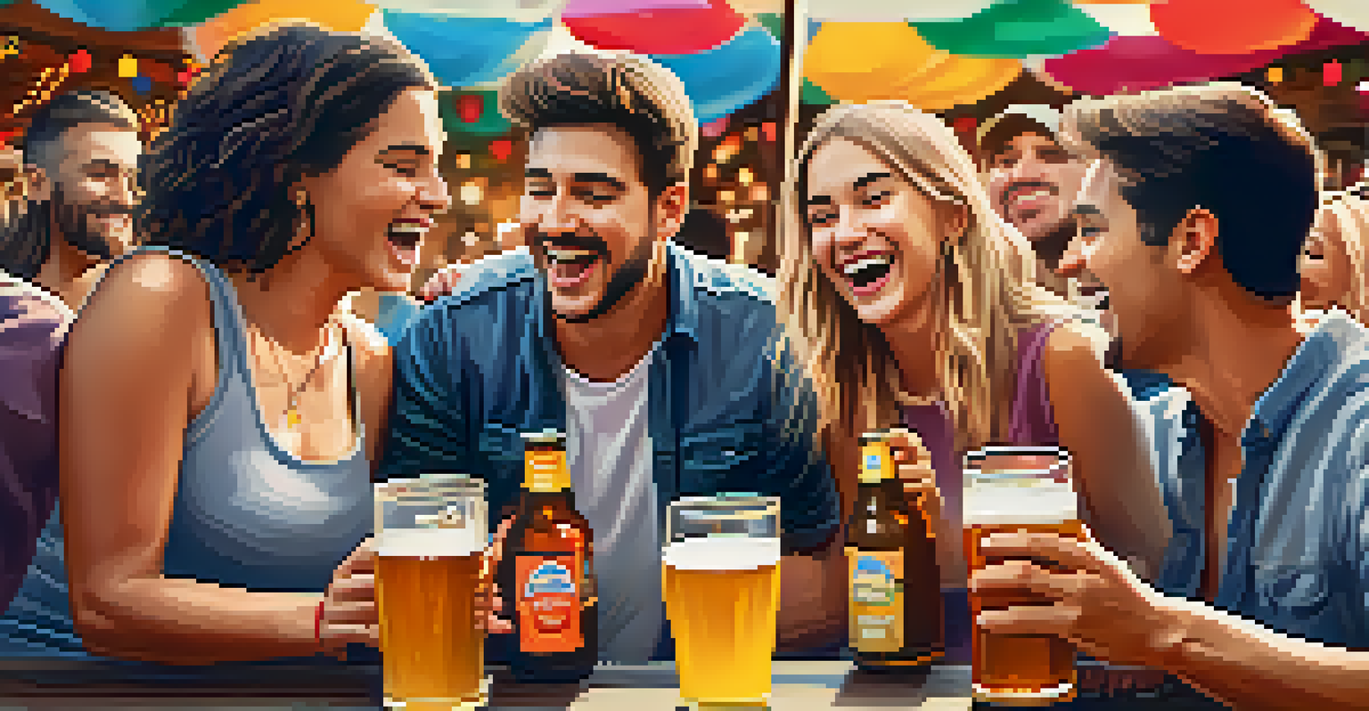 Friends laughing and enjoying beers at a craft beer festival, with food stalls and decorations in the background.
