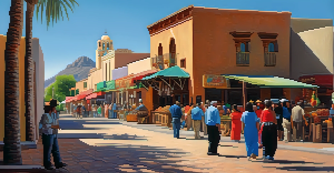 A colorful street scene in Tucson with various architectural styles, including a historic mission and a market, under a sunny sky.
