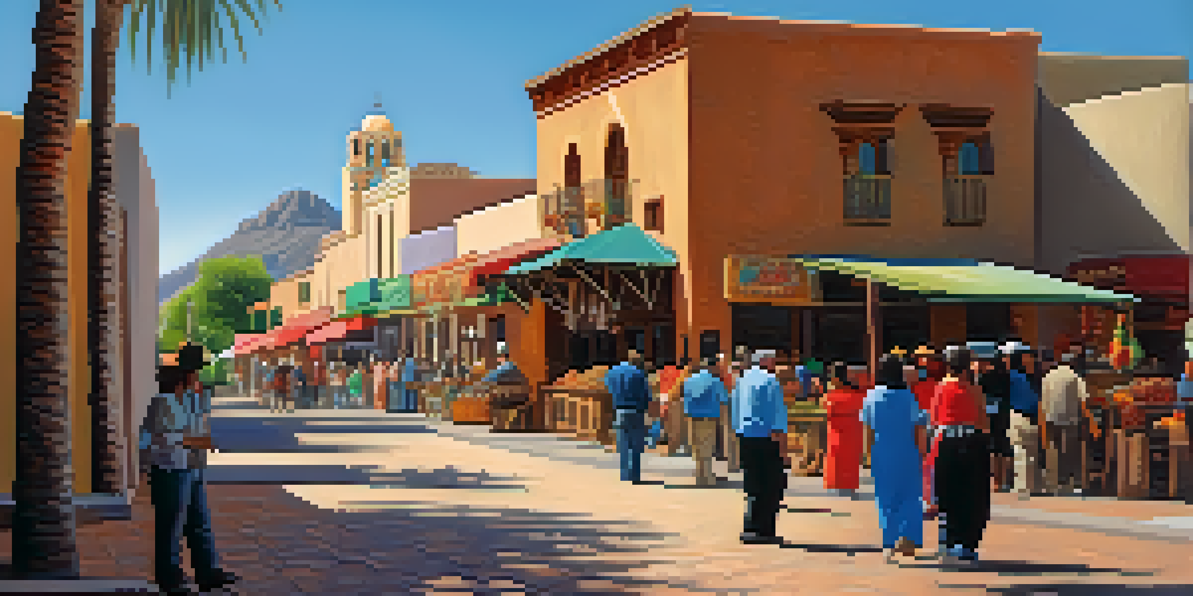 A colorful street scene in Tucson with various architectural styles, including a historic mission and a market, under a sunny sky.