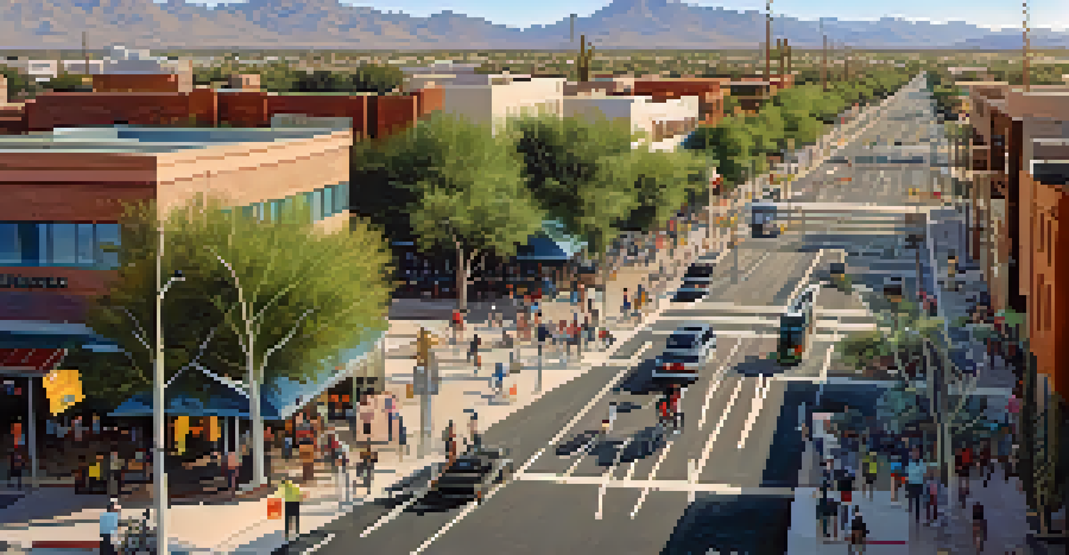 An aerial view of Tucson showing bike lanes, public transport, and a bustling cityscape with desert in the background.
