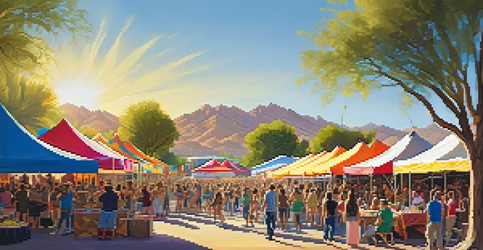 A lively outdoor music festival in Tucson with a diverse crowd, colorful banners, food stalls, and local artists performing on stage under a clear blue sky.