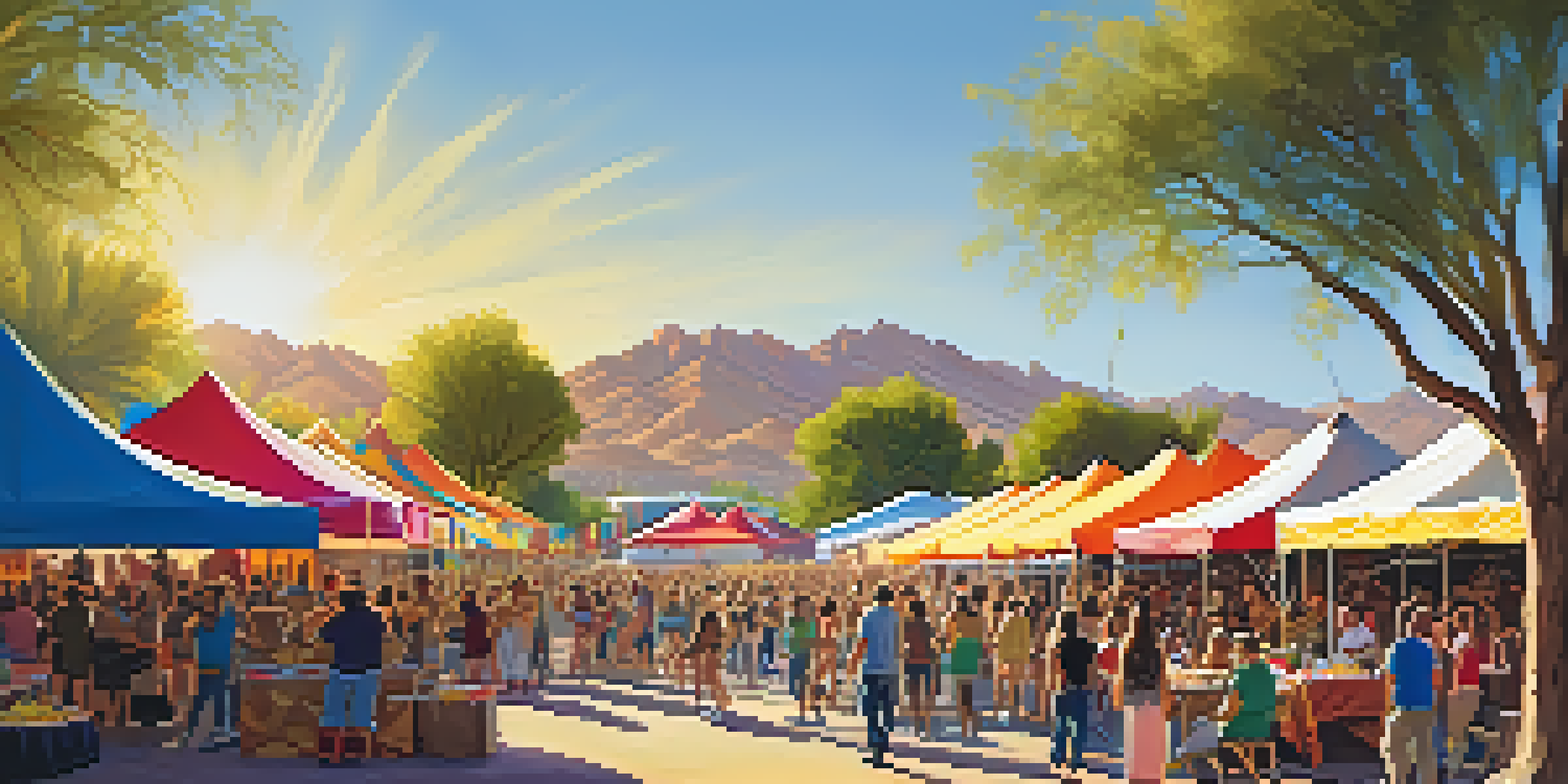 A lively outdoor music festival in Tucson with a diverse crowd, colorful banners, food stalls, and local artists performing on stage under a clear blue sky.