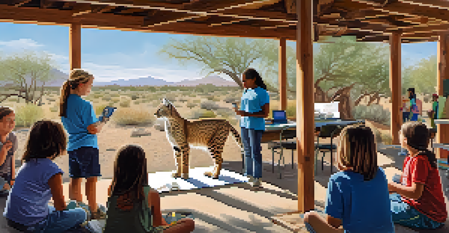 Community members participating in a wildlife education workshop, observing a rehabilitated bobcat in a friendly environment filled with informative posters.