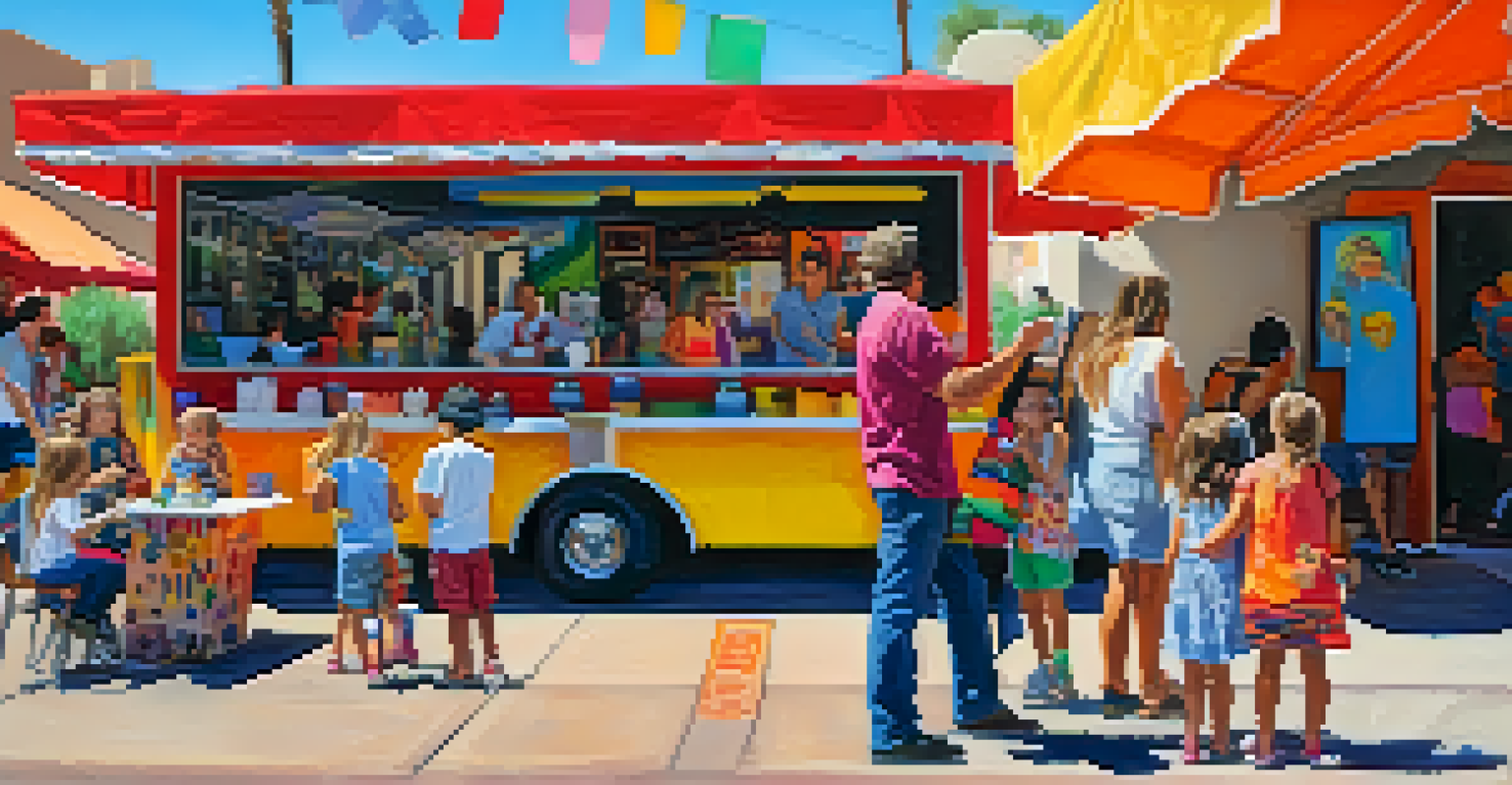 A family participating in hands-on art activities at Tucson's art walk, with food trucks and art installations in the background.
