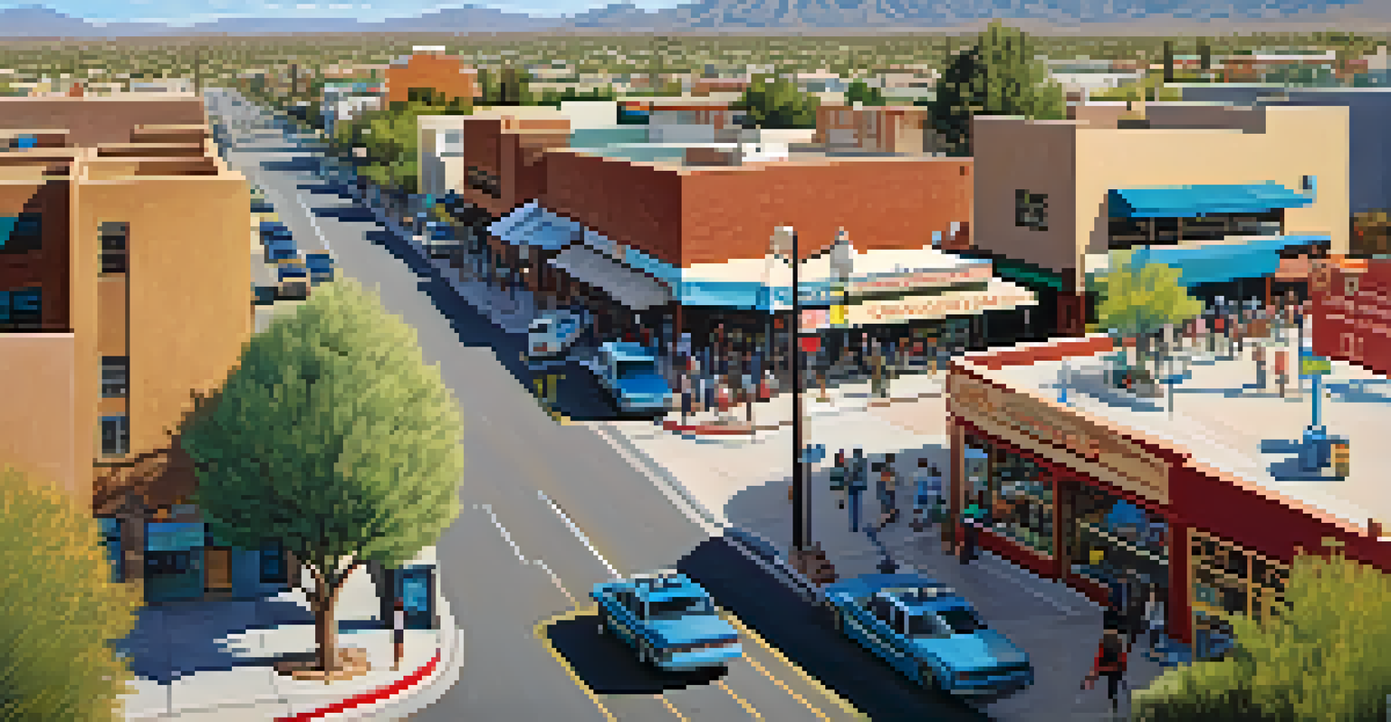 Aerial view of a Tucson neighborhood with a busy bus stop, local shops, and pedestrians, with mountains in the background.