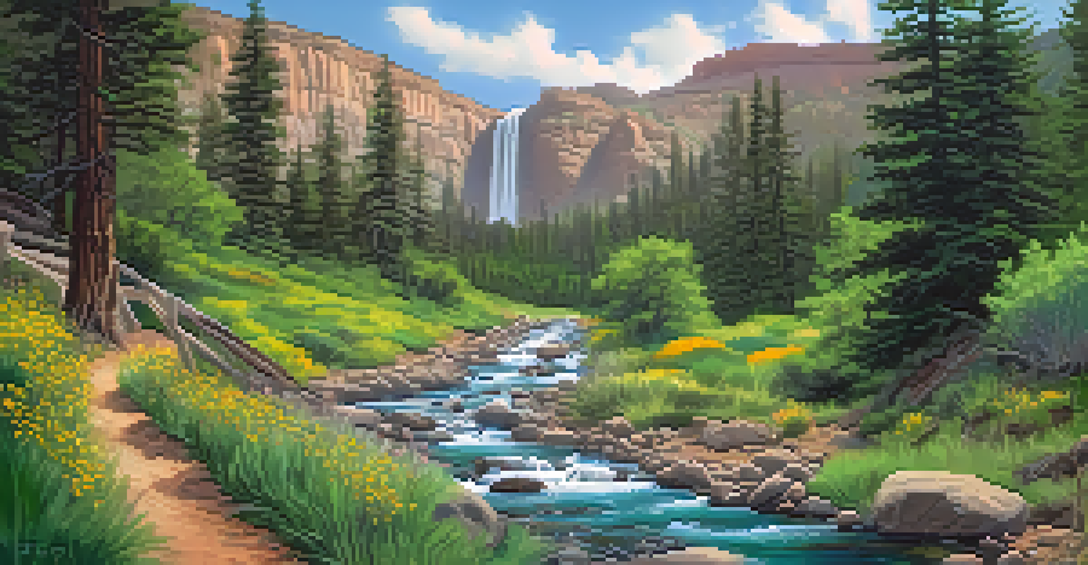 A scenic hiking trail in Bear Canyon with a stream and lush greenery leading to waterfalls.