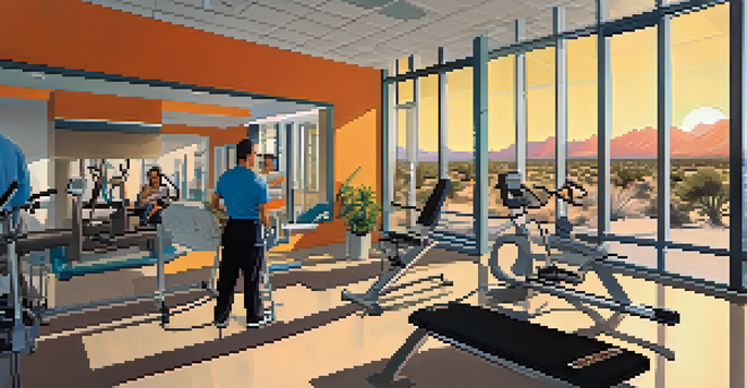A sports medicine clinic in Tucson with athletes undergoing physical therapy in a bright, modern space.
