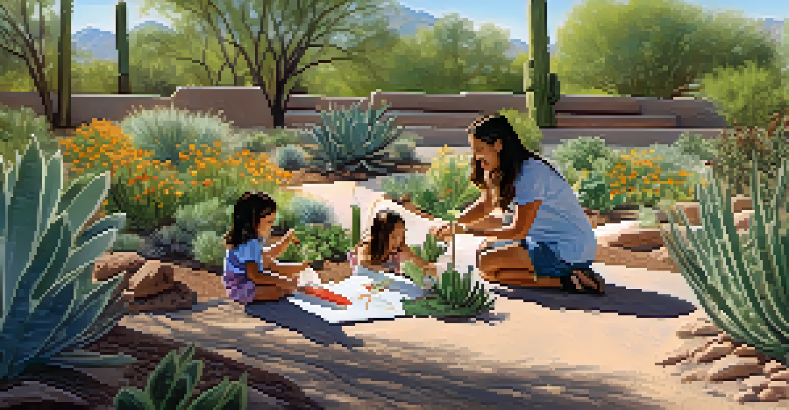 A family planting native plants together at Tucson Botanical Gardens, surrounded by diverse desert flora.