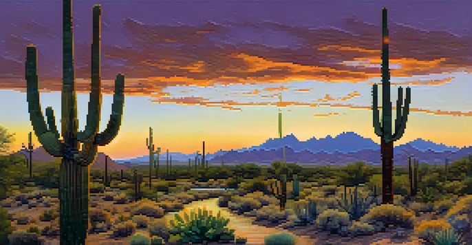 A sunset view over Tucson with an irrigation canal and saguaro cacti, highlighting the importance of water in the desert.