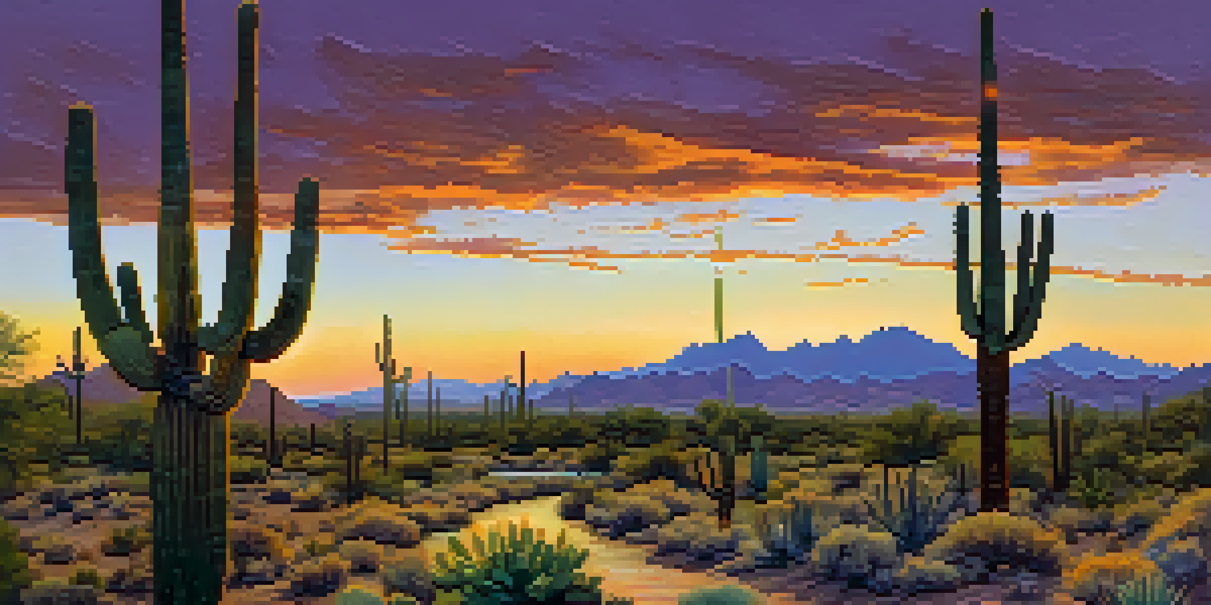 A sunset view over Tucson with an irrigation canal and saguaro cacti, highlighting the importance of water in the desert.