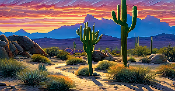 A colorful sunset in the Sonoran Desert with a silhouette of a cactus and a kangaroo rat foraging on the sandy ground.