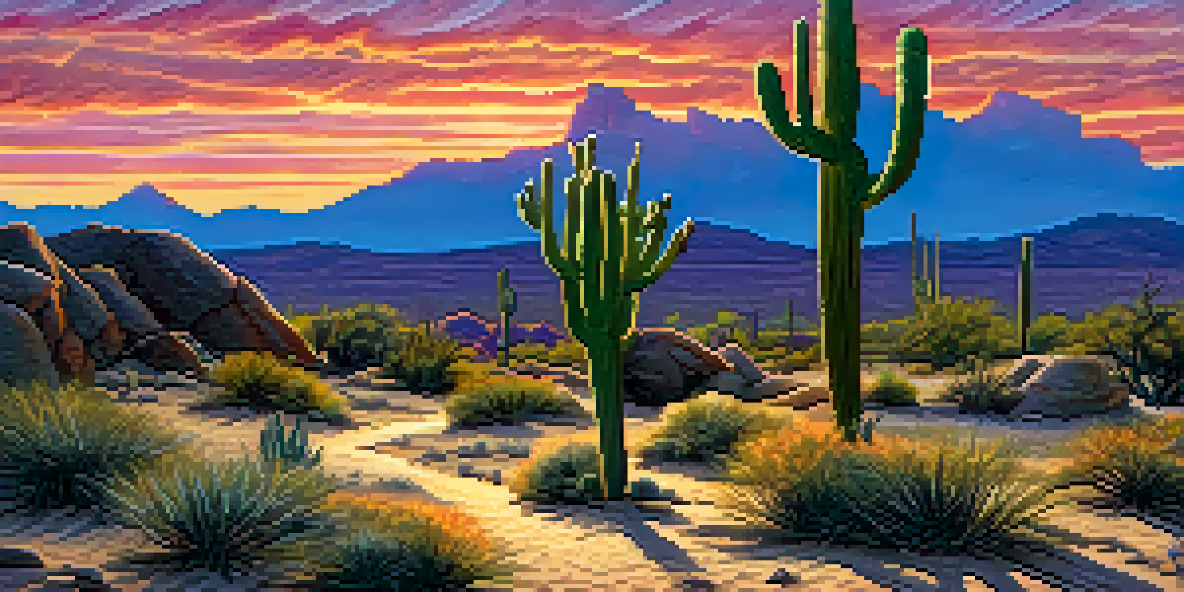 A colorful sunset in the Sonoran Desert with a silhouette of a cactus and a kangaroo rat foraging on the sandy ground.