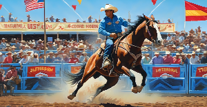 A cowboy riding a bucking bronco at the Tucson Rodeo, with colorful banners and a cheering crowd in the background.
