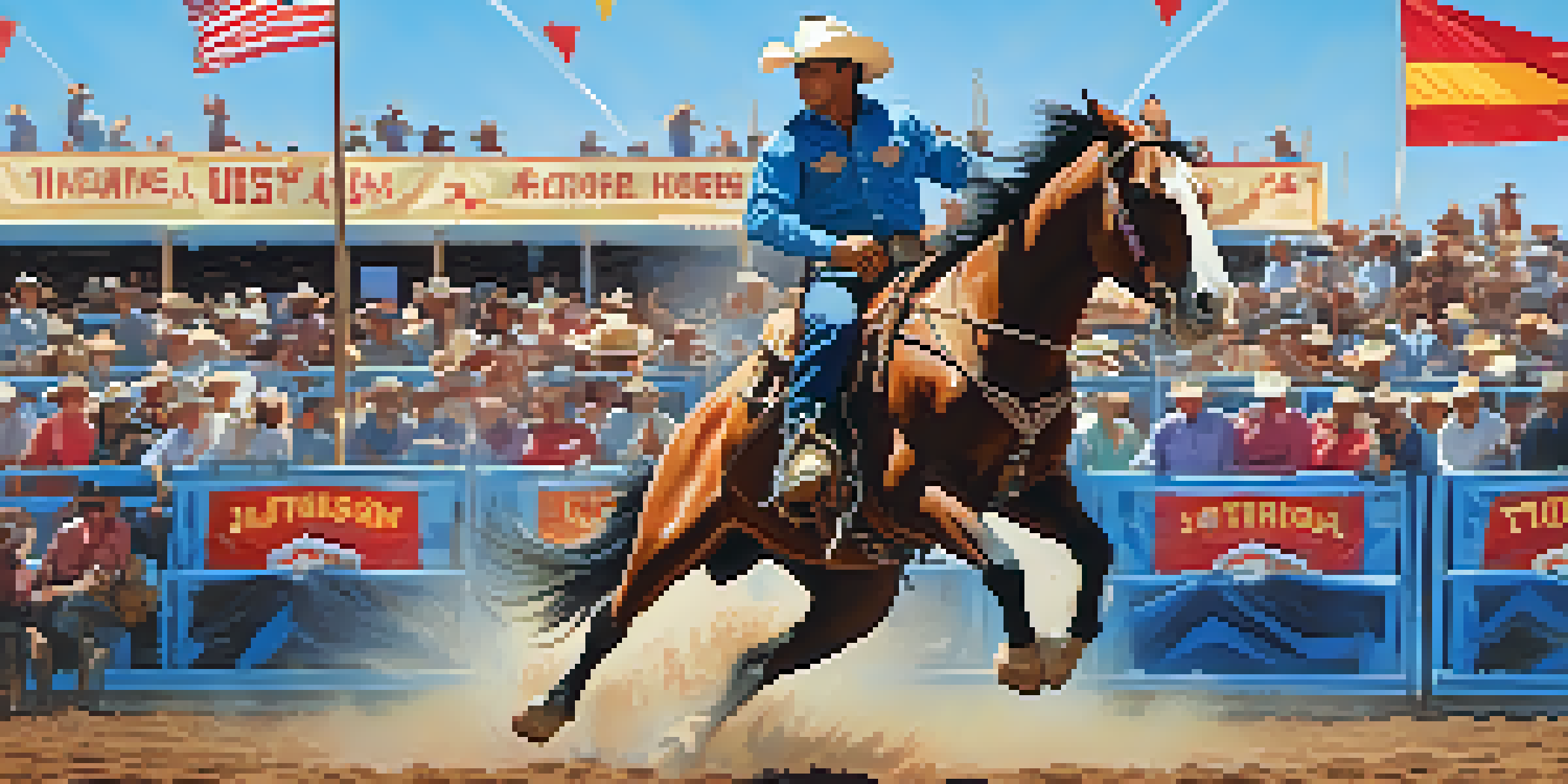 A cowboy riding a bucking bronco at the Tucson Rodeo, with colorful banners and a cheering crowd in the background.