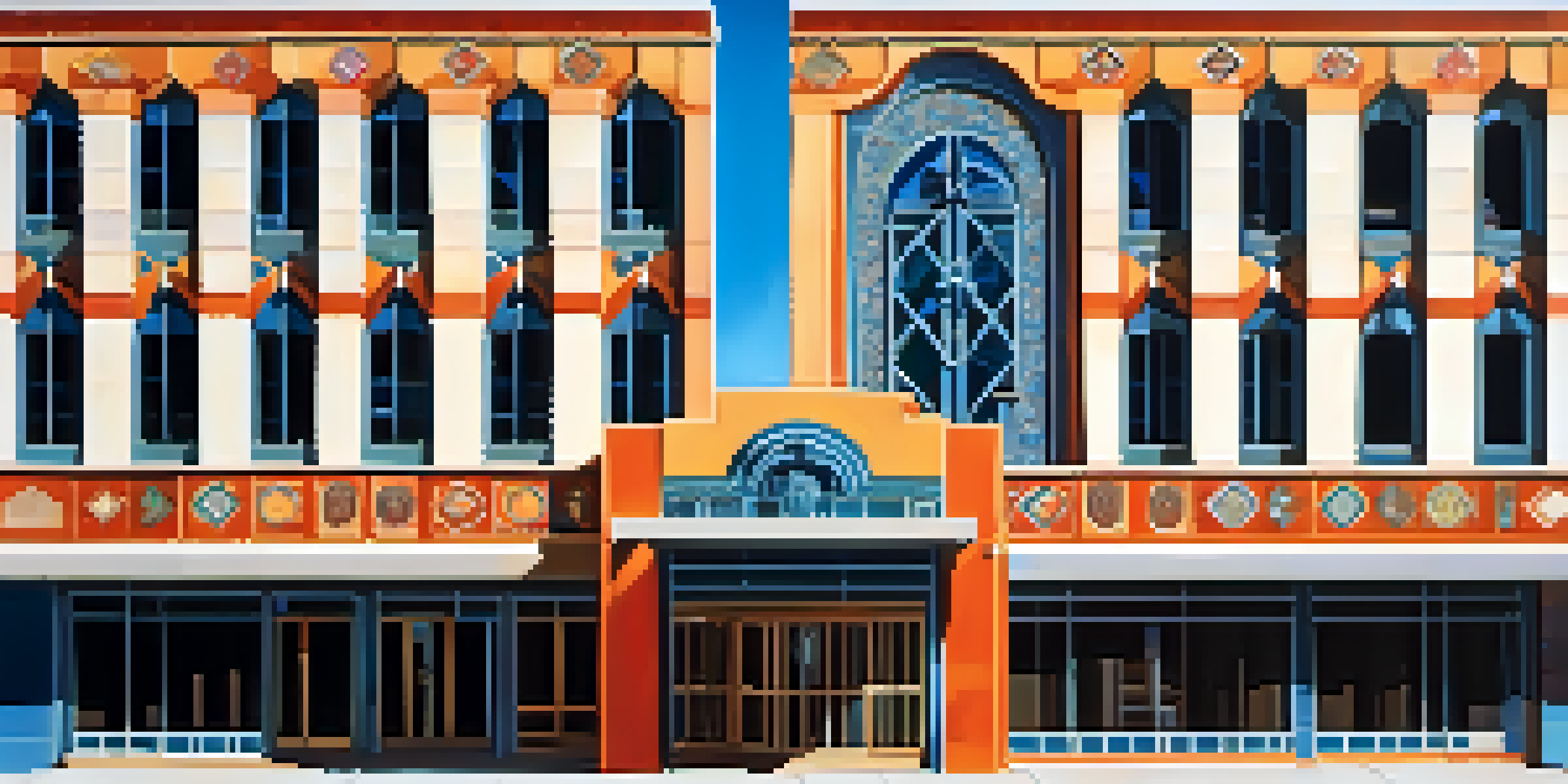 A colorful Art Deco building in Tucson with geometric patterns and intricate designs, under a bright blue sky.