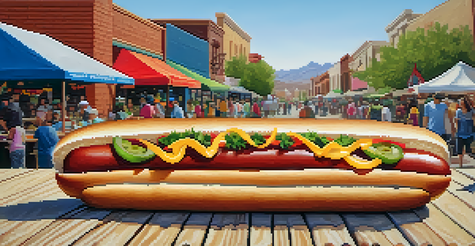 A Sonoran hot dog with colorful toppings on a picnic table in a busy Tucson market.