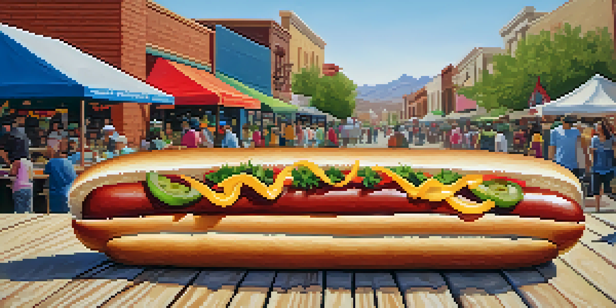 A Sonoran hot dog with colorful toppings on a picnic table in a busy Tucson market.