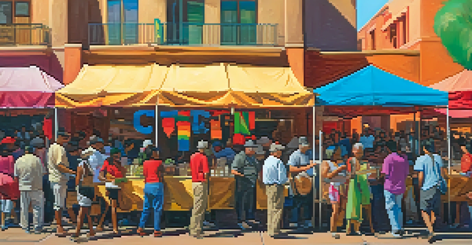 A lively festival scene in Tucson with diverse food stalls and colorful displays, showing people enjoying traditional foods and engaging in conversations.